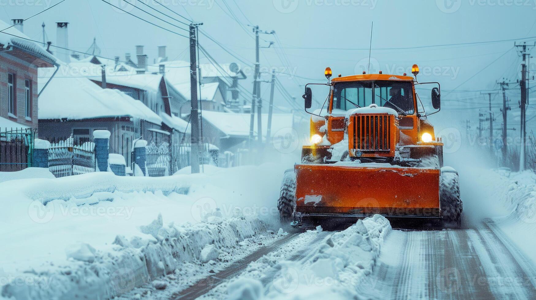 A snowplow removes snow drifts in the city. Consequences of snowstorms and bad weather in winter. Winter road cleaning photo