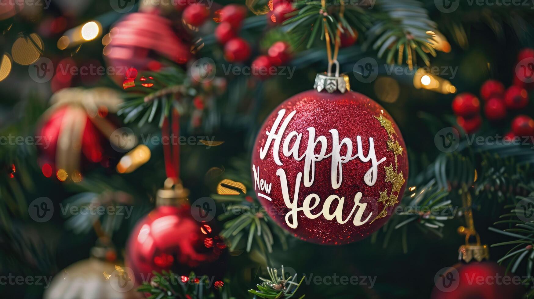 A festive Christmas tree decorated with red and gold baubles with the words Happy New Year written on it. The background glows with warm bokeh lights, adding a joyful festive mood to the New Year. photo