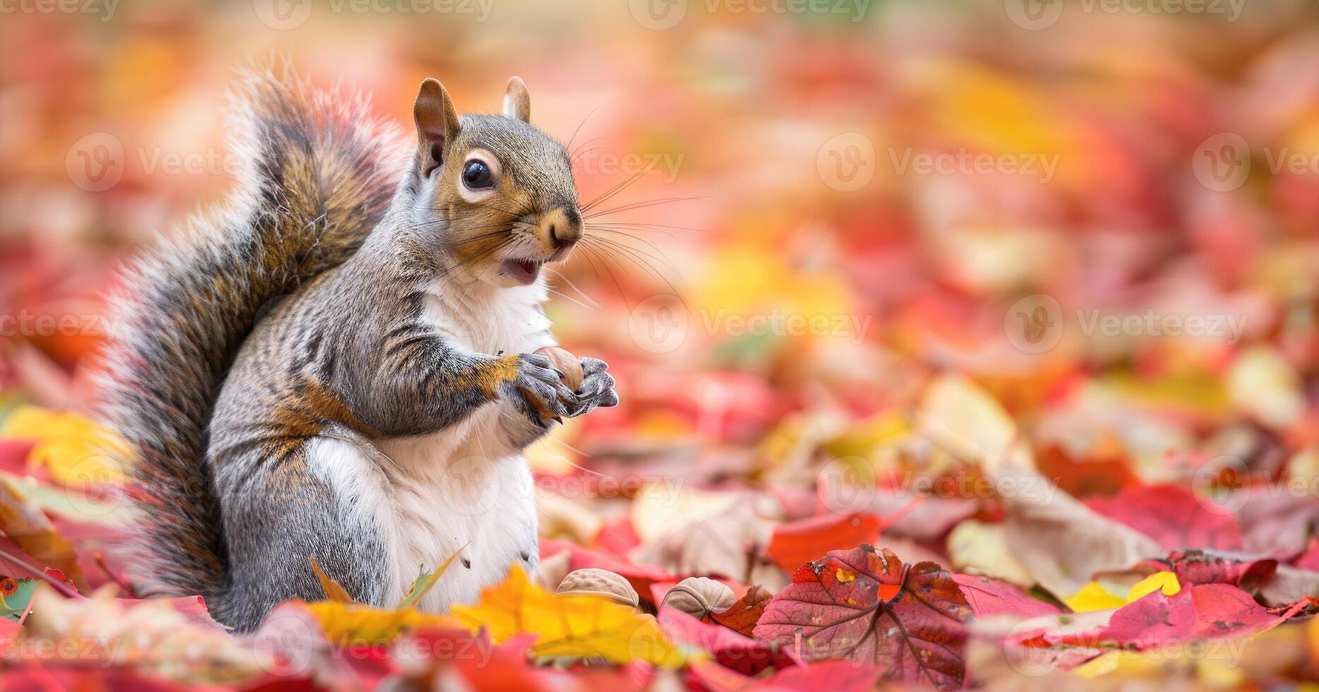 cute fluffy hungry squirrel with walnut in autumn park among yellow, red, orange foliage. Squirrel in habitat. Copy space photo