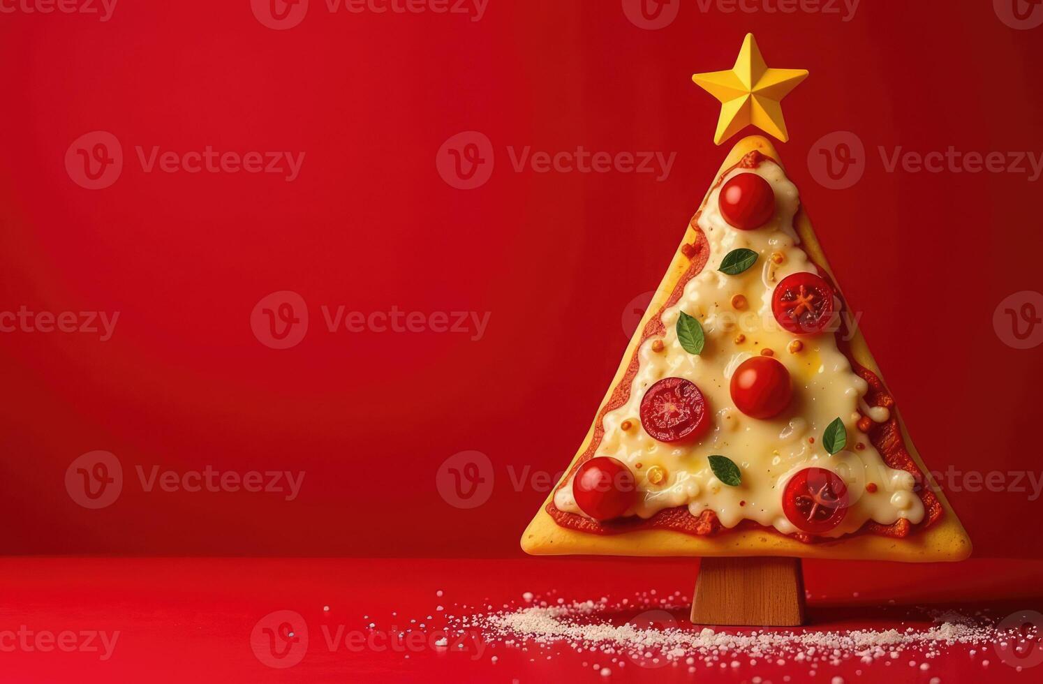Creative Edible Christmas tree made from a slice of pizza with cheese, cherry tomatoes, basil leaves isolated on red background with copy space. Banner for menu and advertising of pizzeria restaurant photo