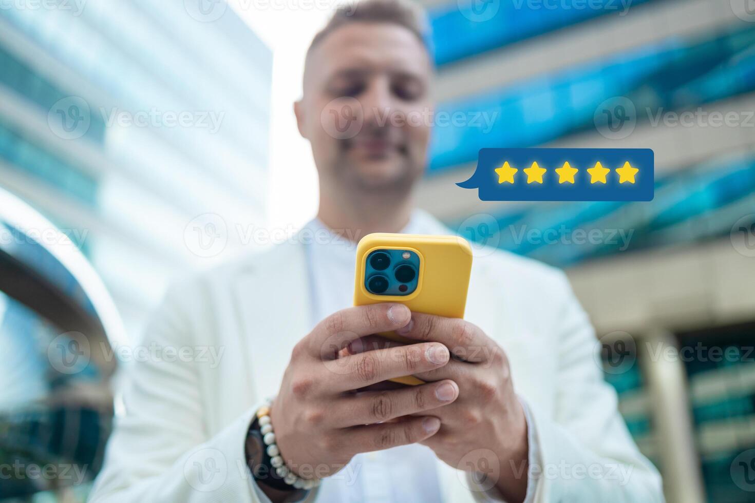 Customer satisfaction experience concept. Businessman using mobile phone giving 4 star icon and excellent for feedback review satisfaction service. rating very impressed. photo