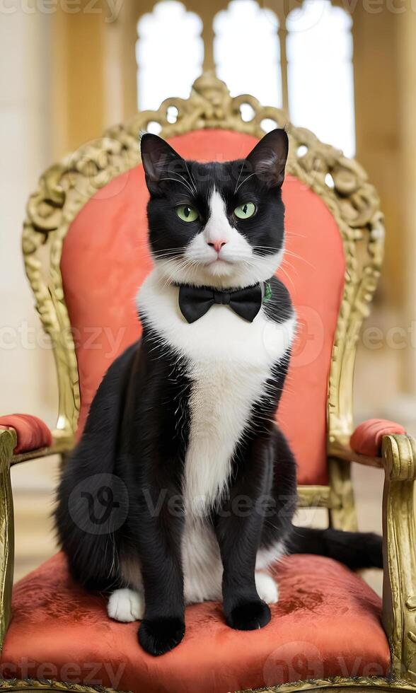 A black and white cat wearing a bow tie sitting on a chair photo
