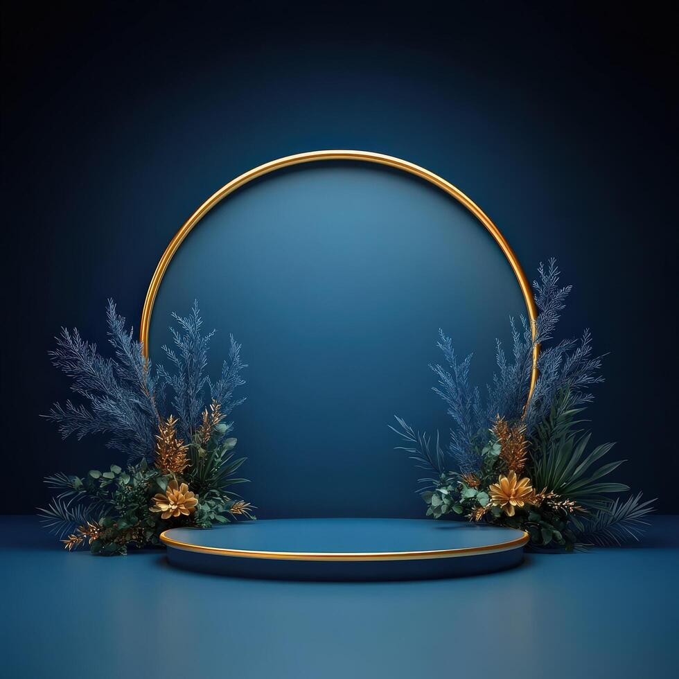 3d rendering of a stage with a golden circle and plants photo