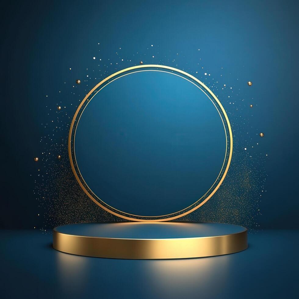 Gold podium with a round frame on a blue background photo