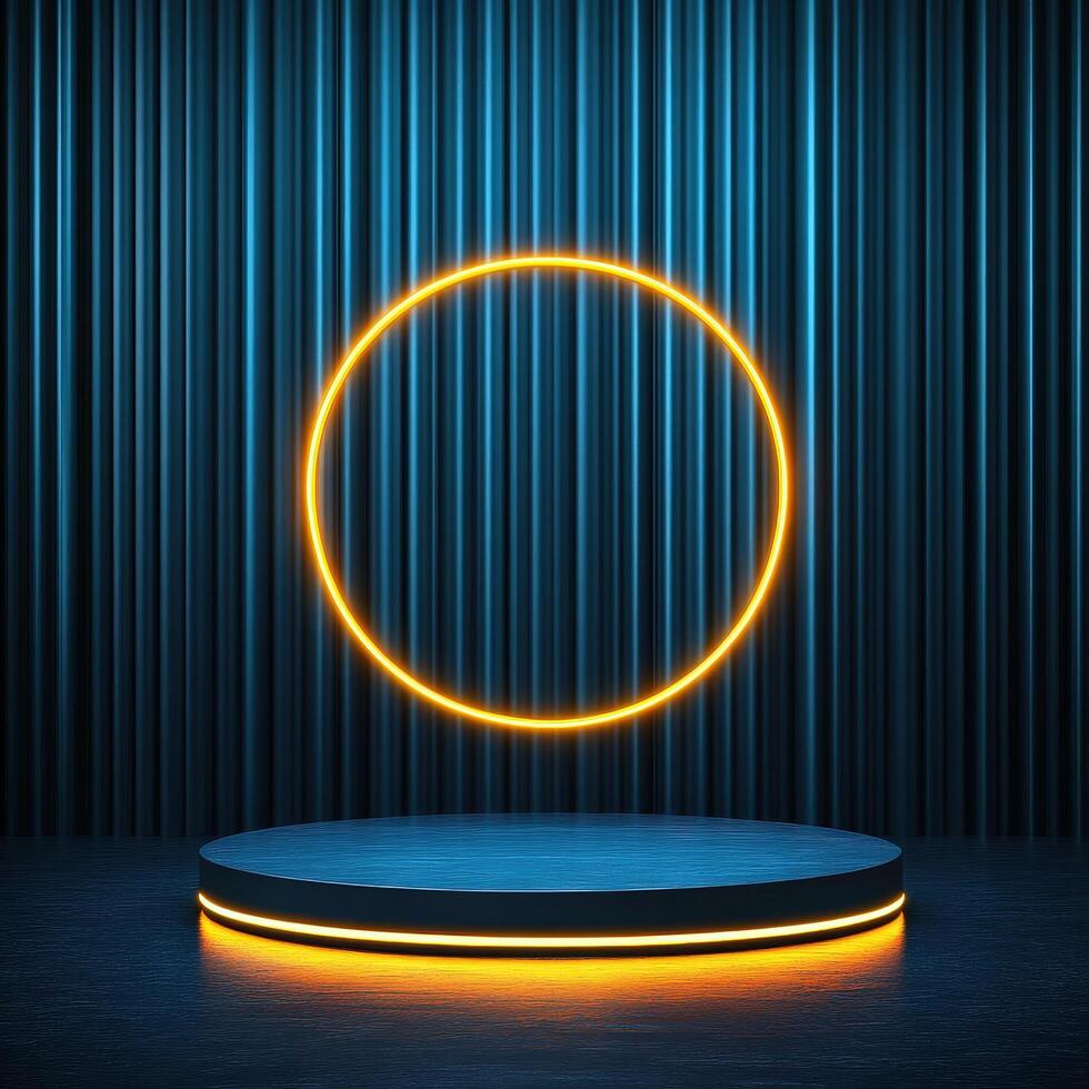 An empty stage with a neon ring on it photo