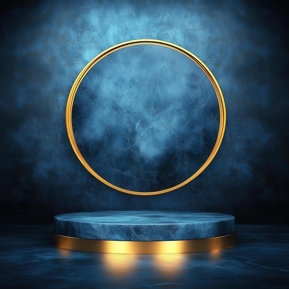Golden podium with a circular frame on a dark background photo