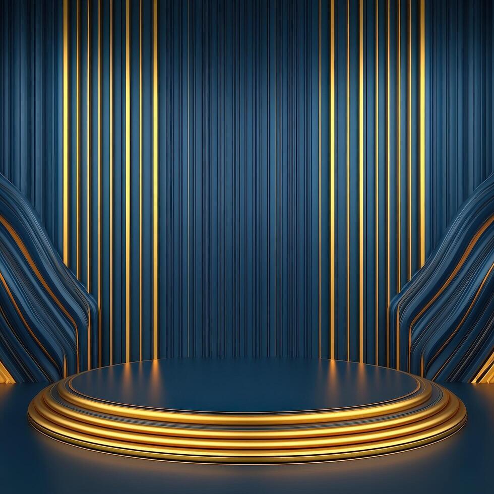 3d rendering of a stage with gold and blue stripes photo