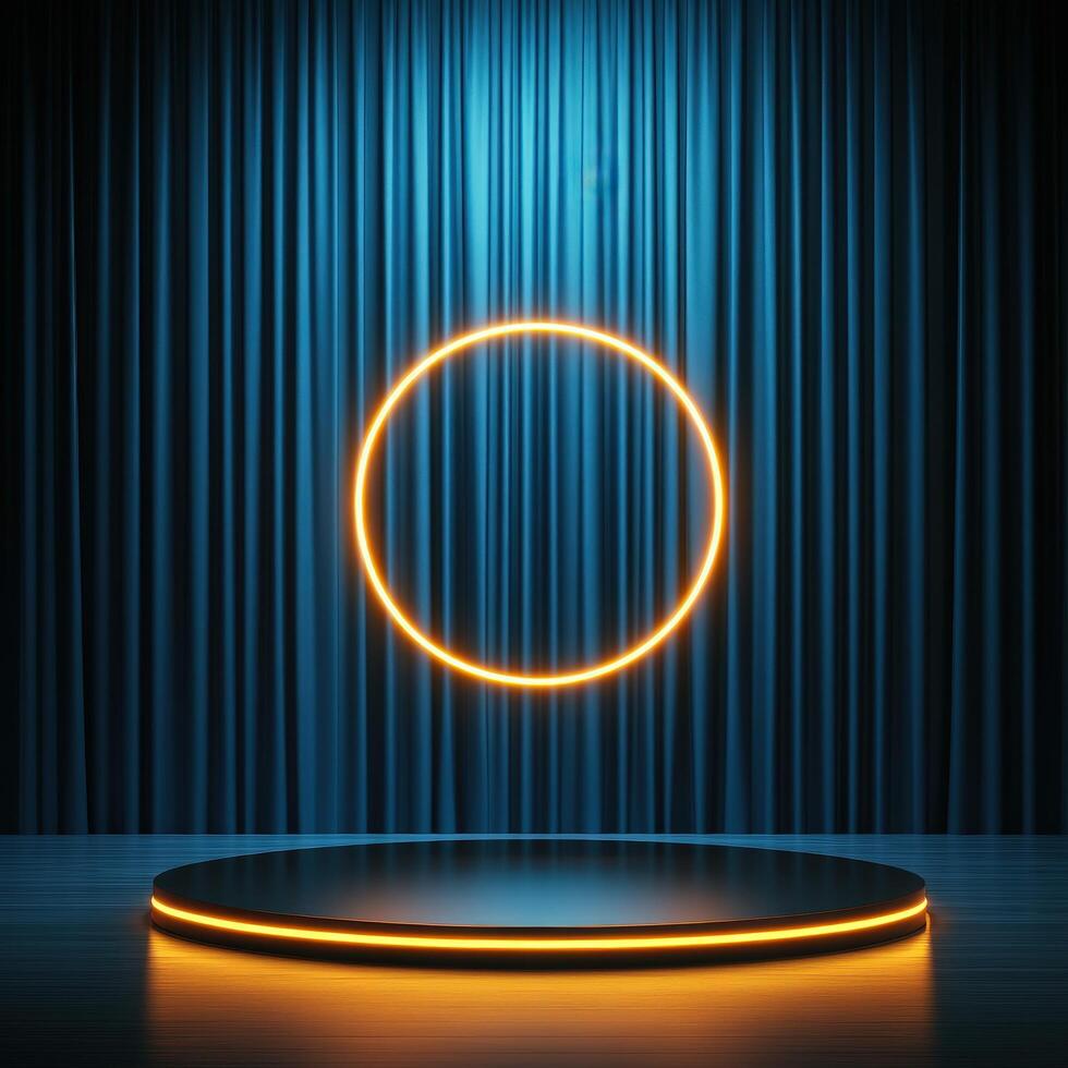 An empty stage with a neon ring on it photo