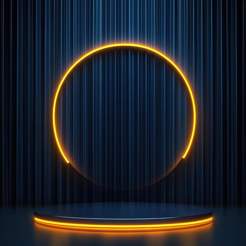 3d rendering of neon circle on stage with blue curtain photo