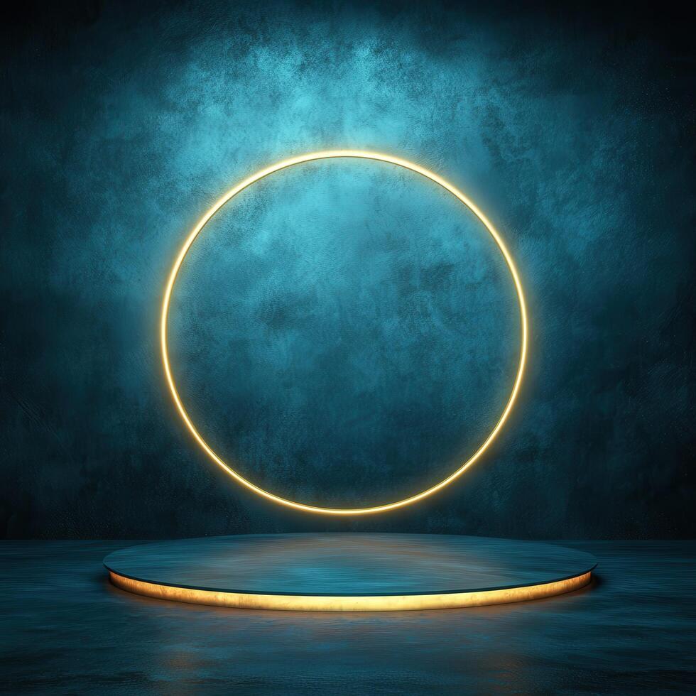 3d rendering of a neon circle on a stage photo