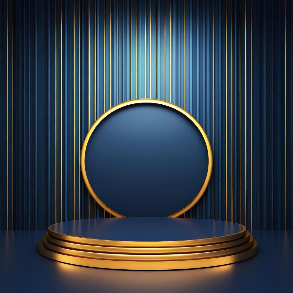 Gold podium with blue background and gold stripes photo