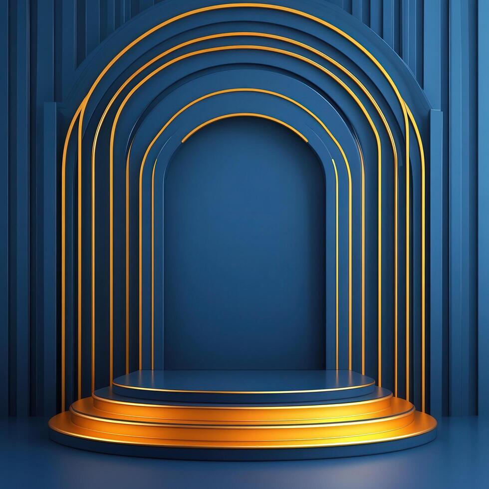 3d rendering of a stage with a golden arch photo