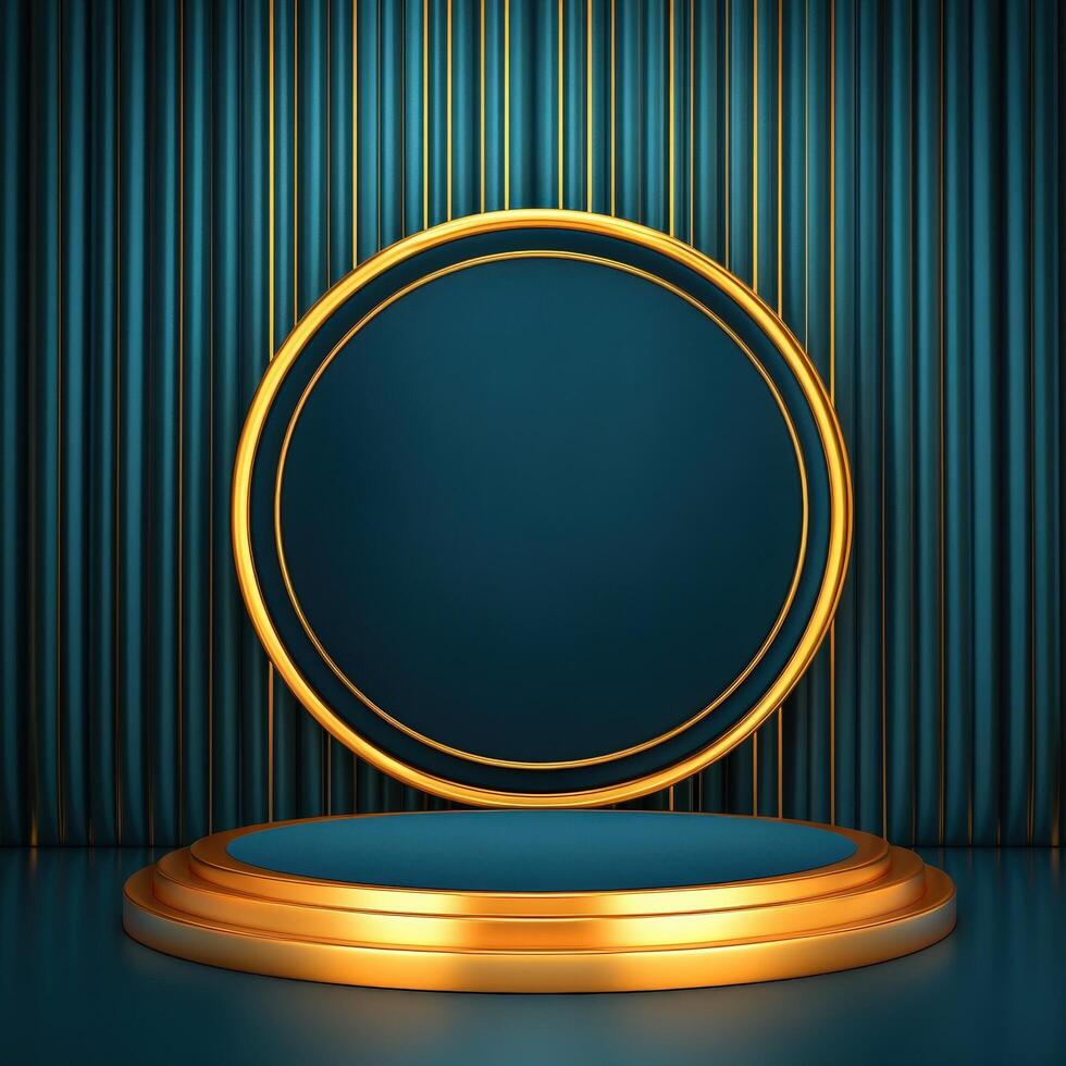 Gold podium with blue background and a round frame photo