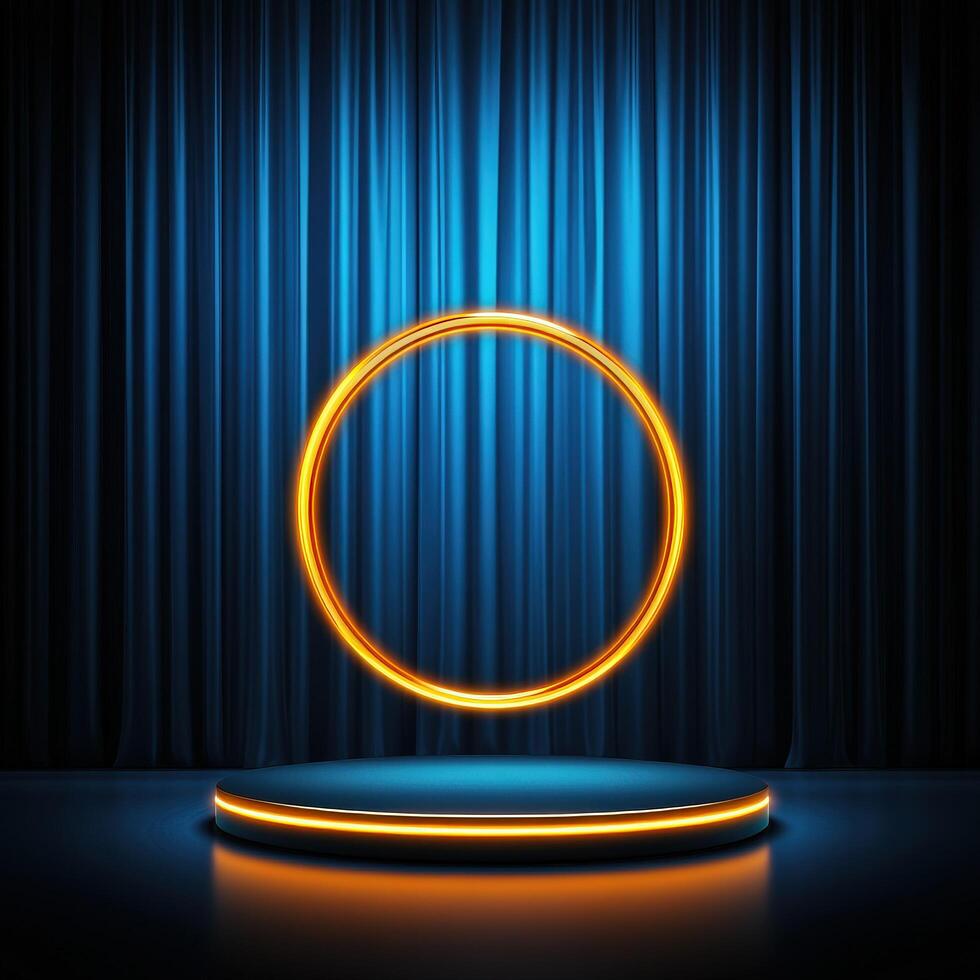 An empty stage with a spotlight and a neon ring photo