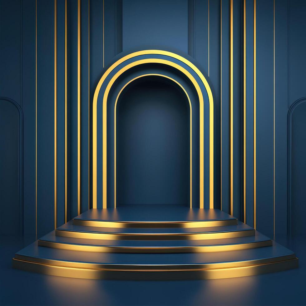 3d rendering of a stage with a golden arch photo