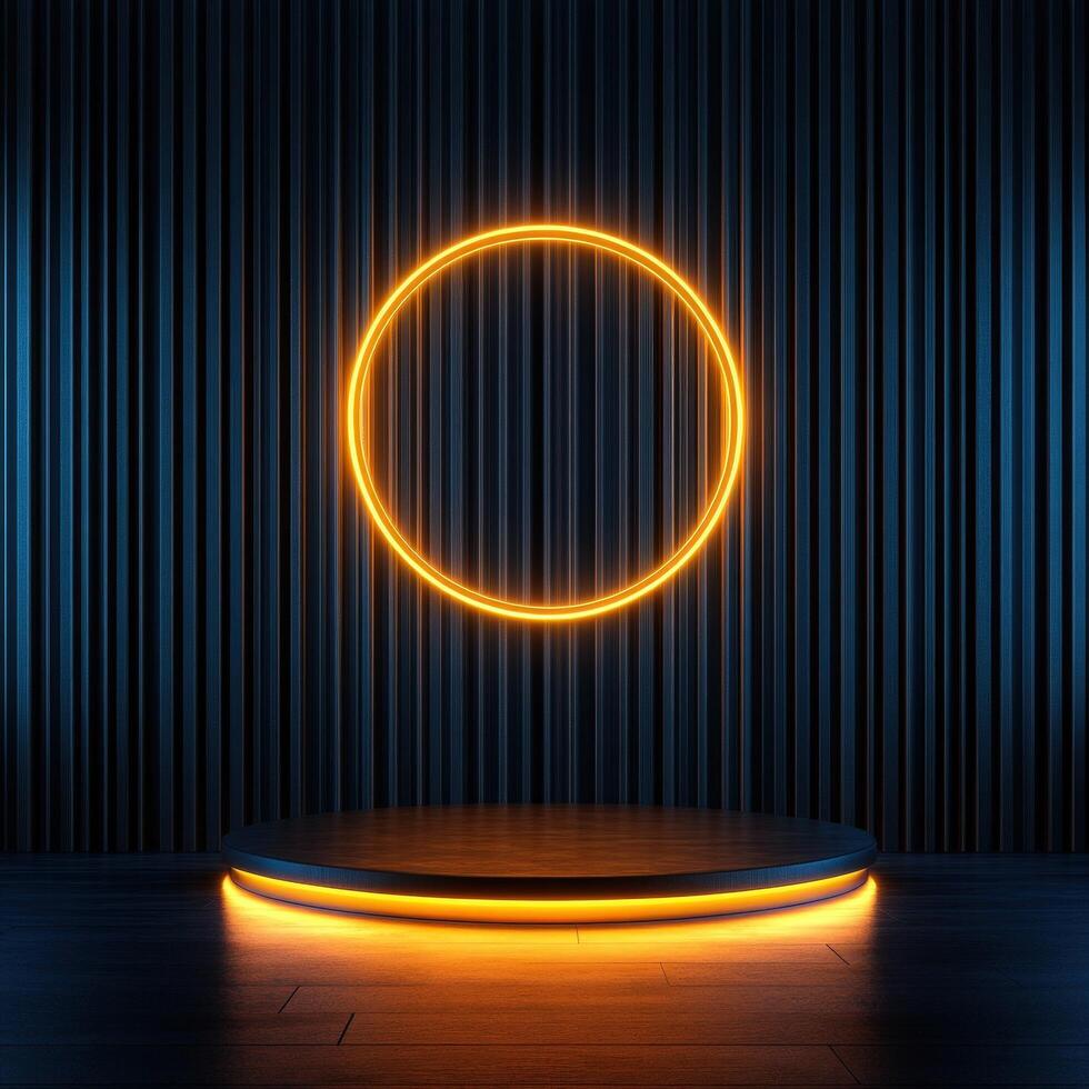 An empty stage with a neon ring on it photo