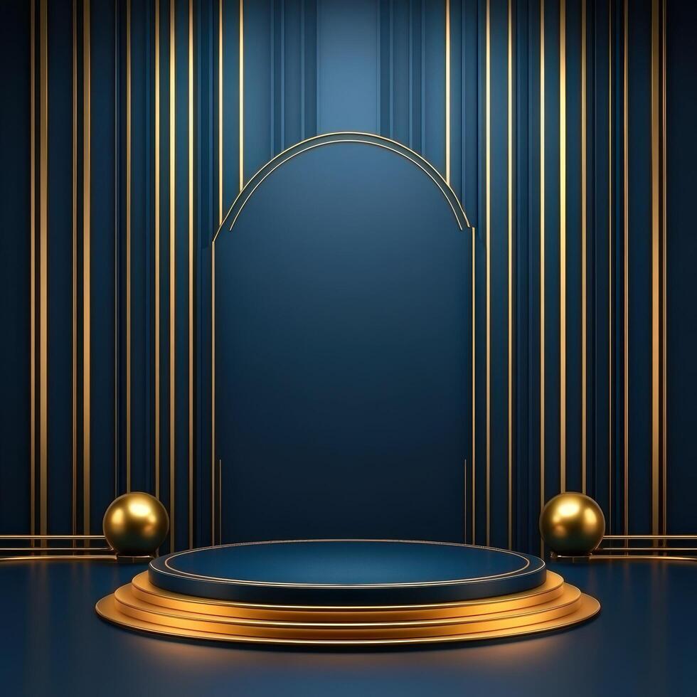 An empty stage with gold and blue walls photo