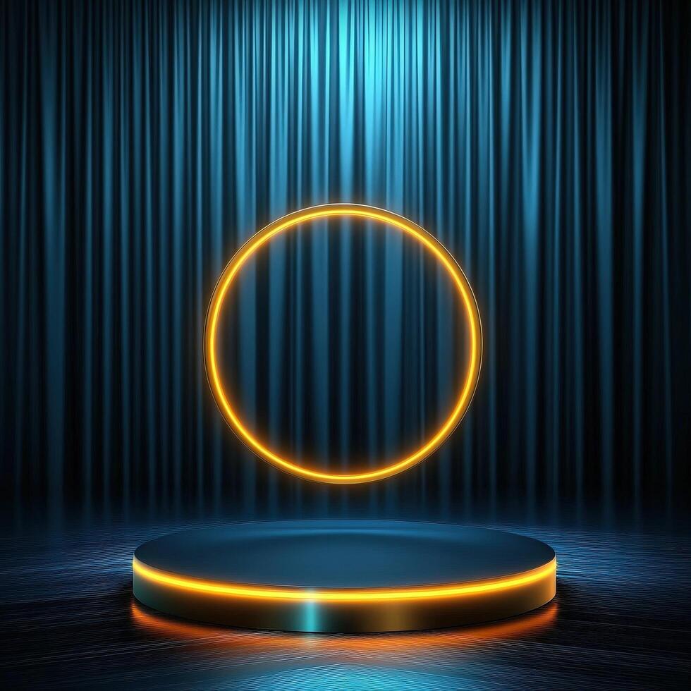 An empty stage with a spotlight and a neon circle photo