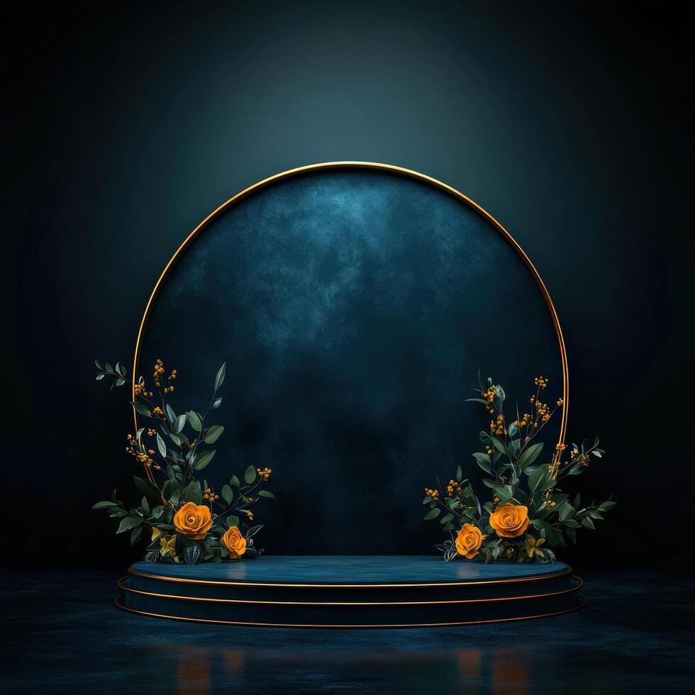 An empty stage with flowers and a gold circle photo