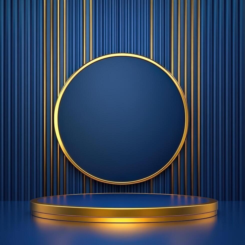Round podium with gold frame on blue background photo