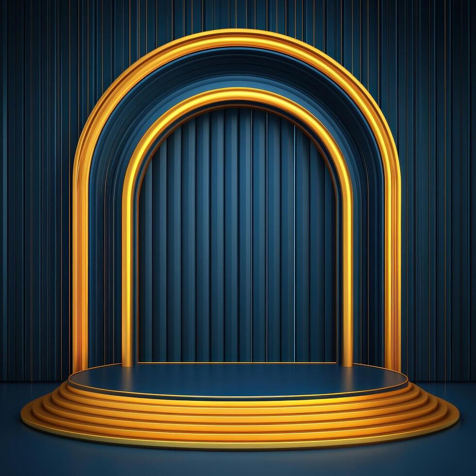 An empty stage with a blue background and a golden arch photo