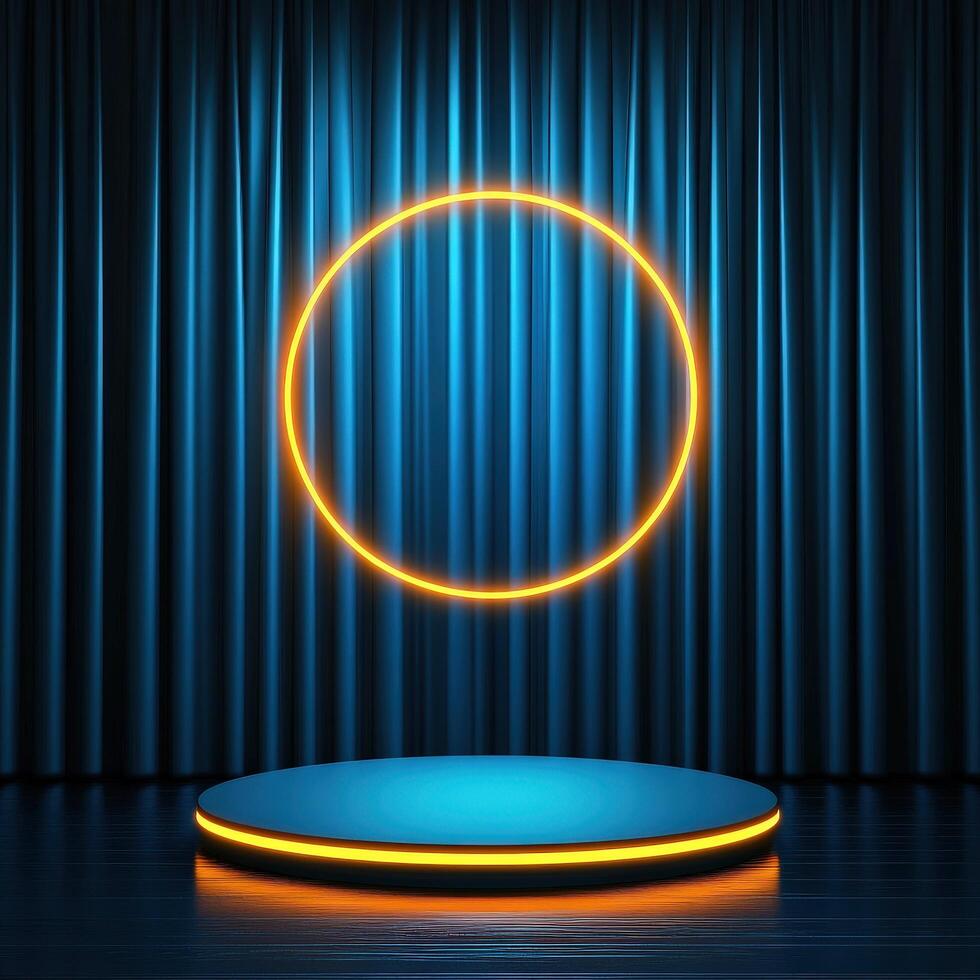 An empty stage with a blue curtain and a neon ring photo