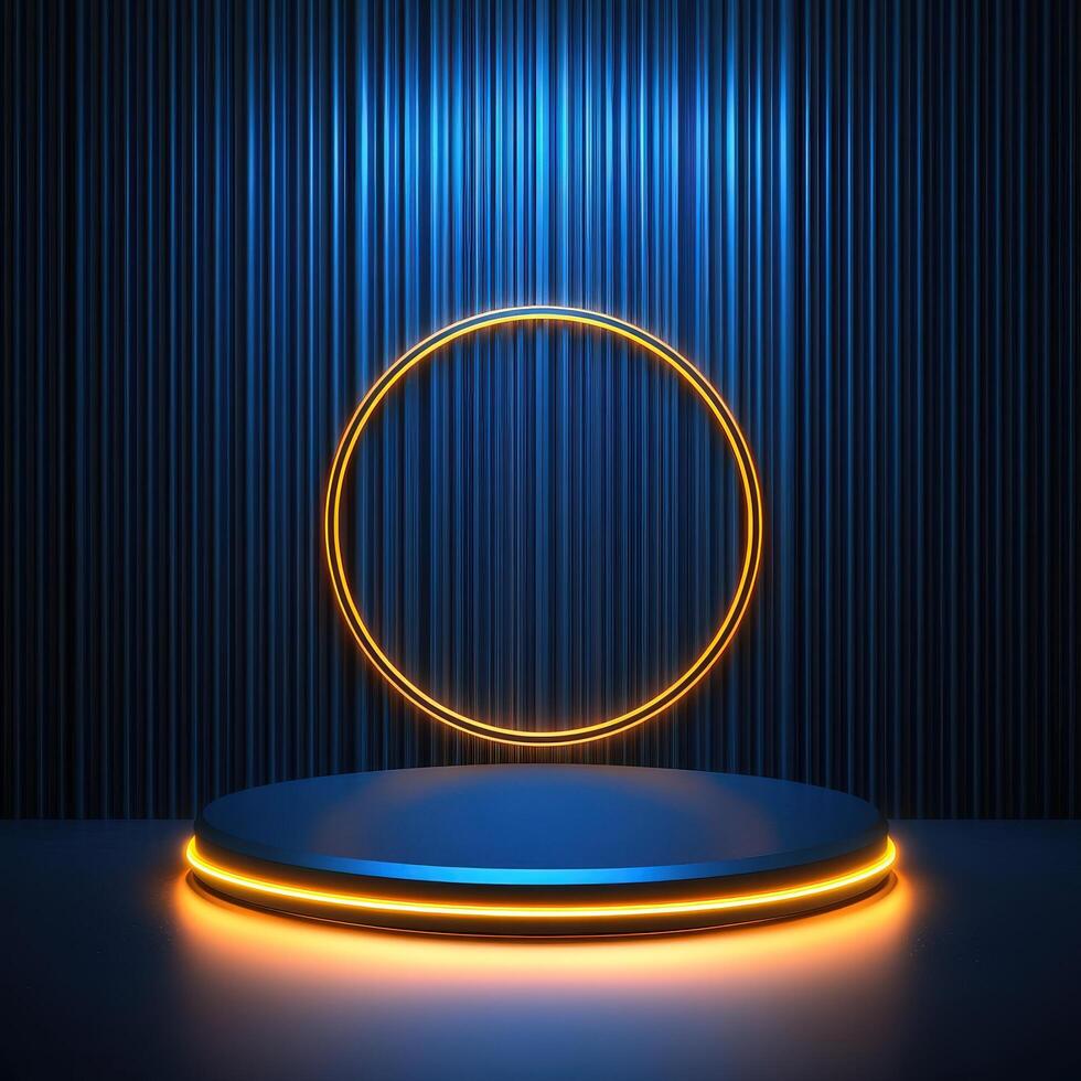 3d rendering of a neon ring on a podium photo