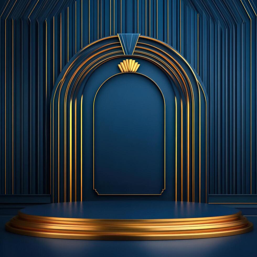An empty stage with a golden door and a golden crown photo