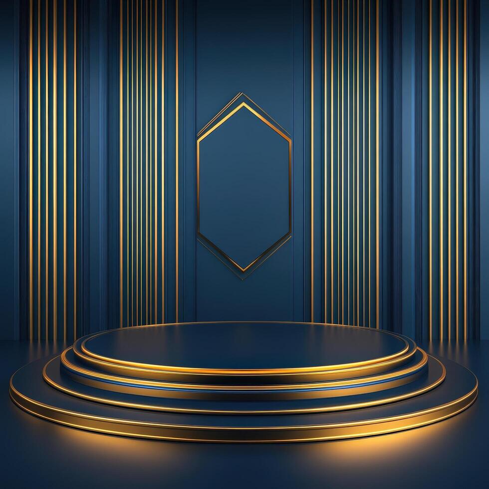 3d rendering of a stage with a golden frame photo