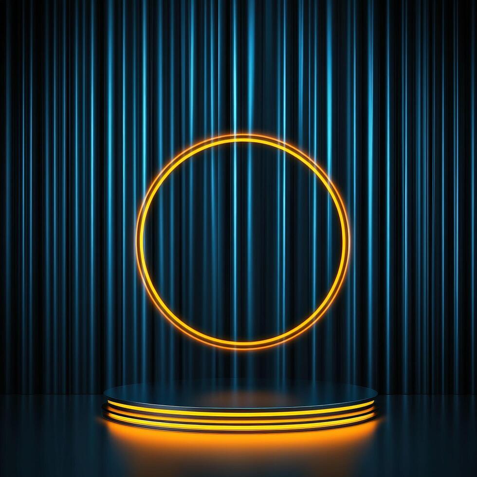 Neon lights on a stage with a round light photo