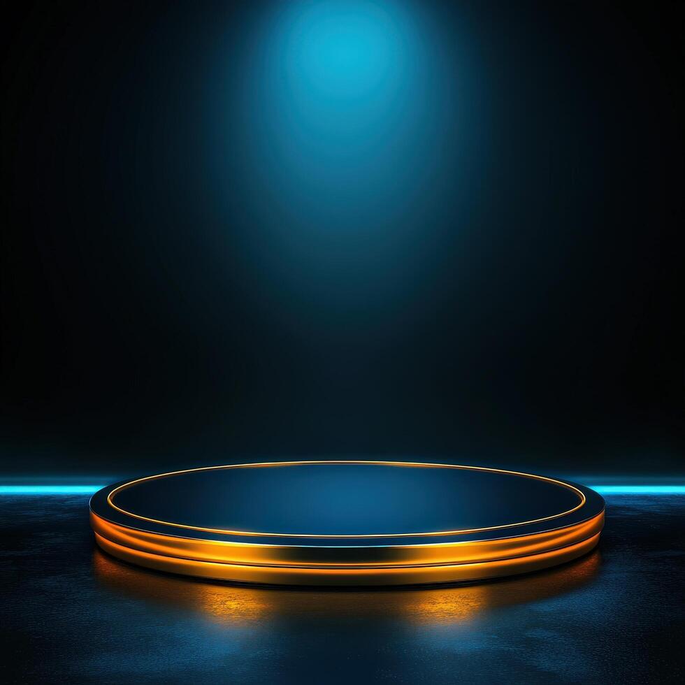 An empty podium with neon lights on it photo