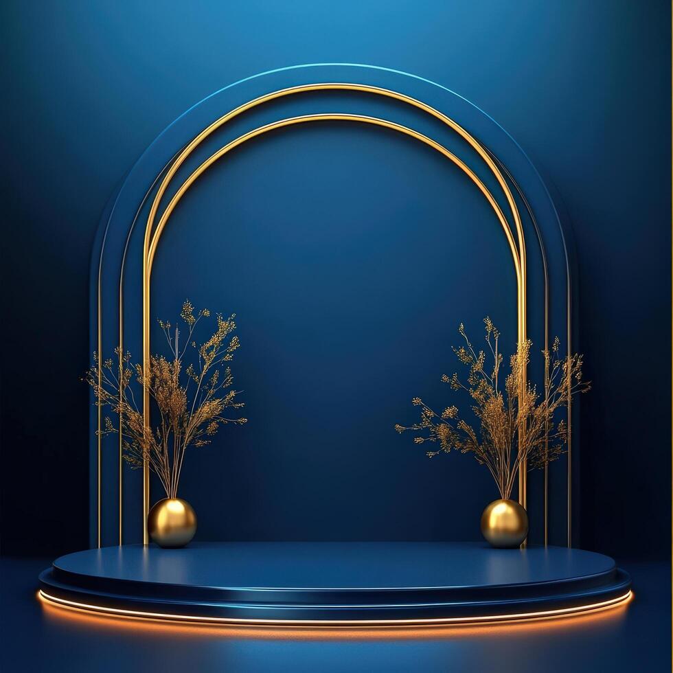 A stage with a golden arch and a vase of flowers photo