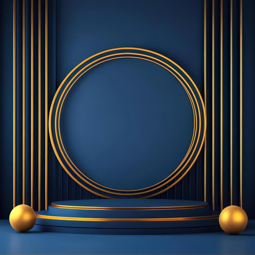 Golden podium with a round circle on a blue background photo