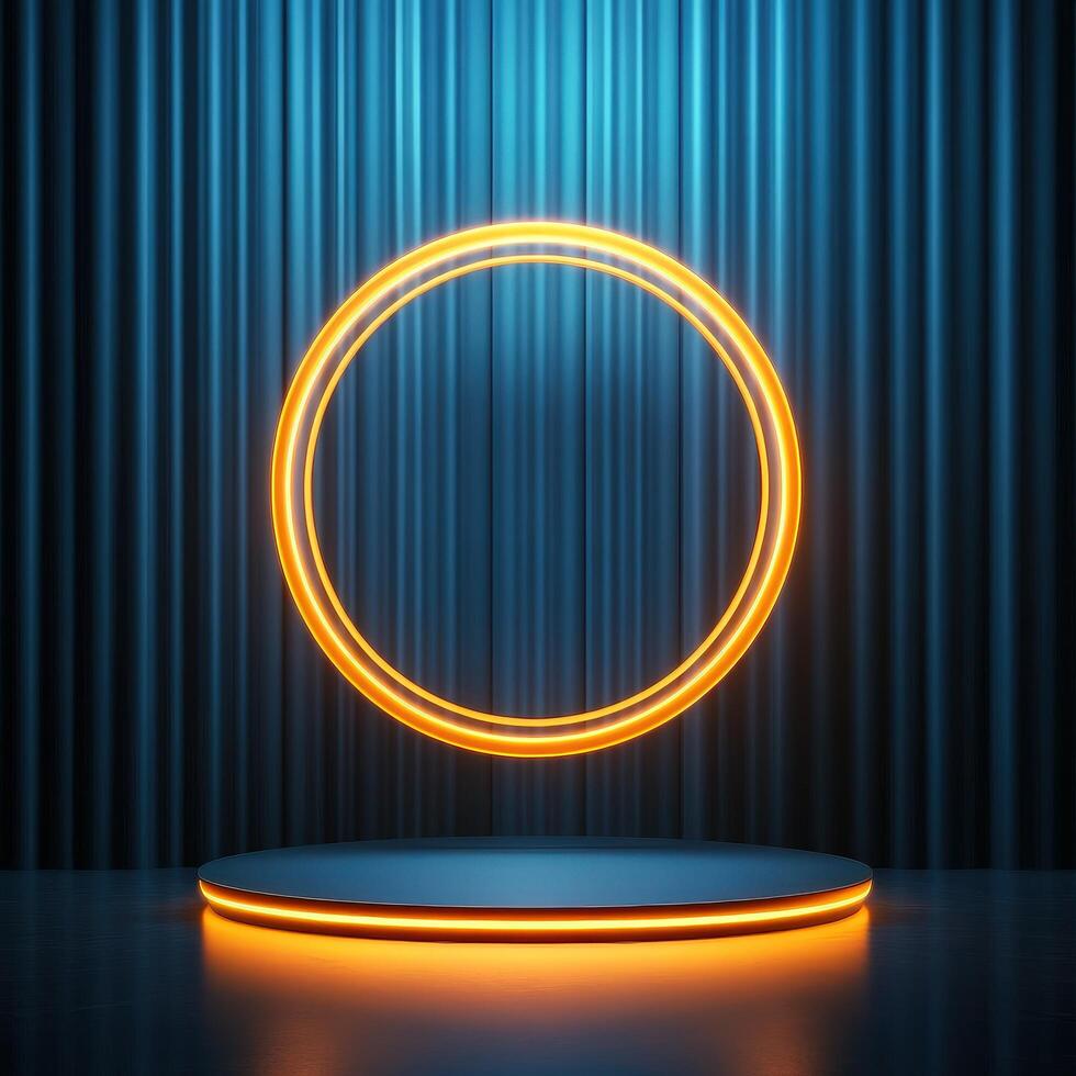 3d rendering of neon circle on stage with blue curtain photo