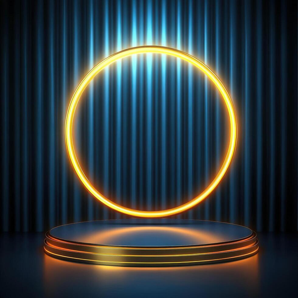 A neon ring on a podium with a spotlight photo
