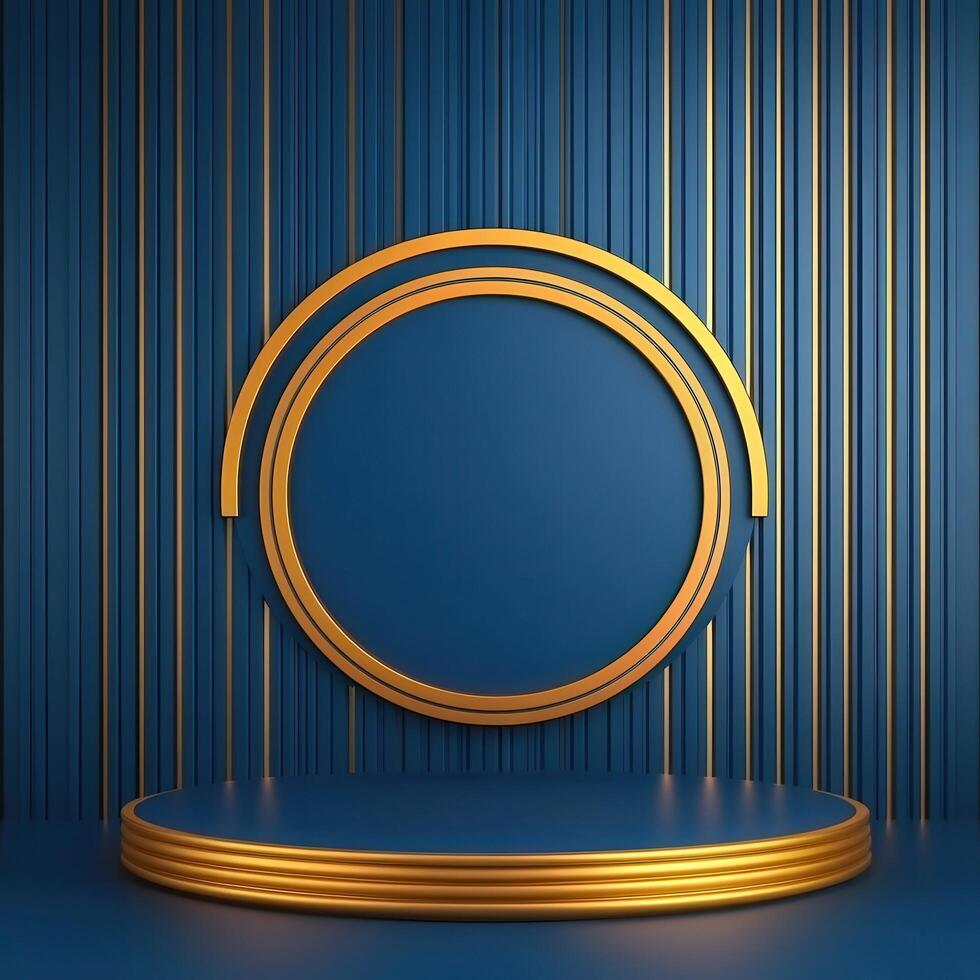 3d render of a podium with a round frame on a blue background photo