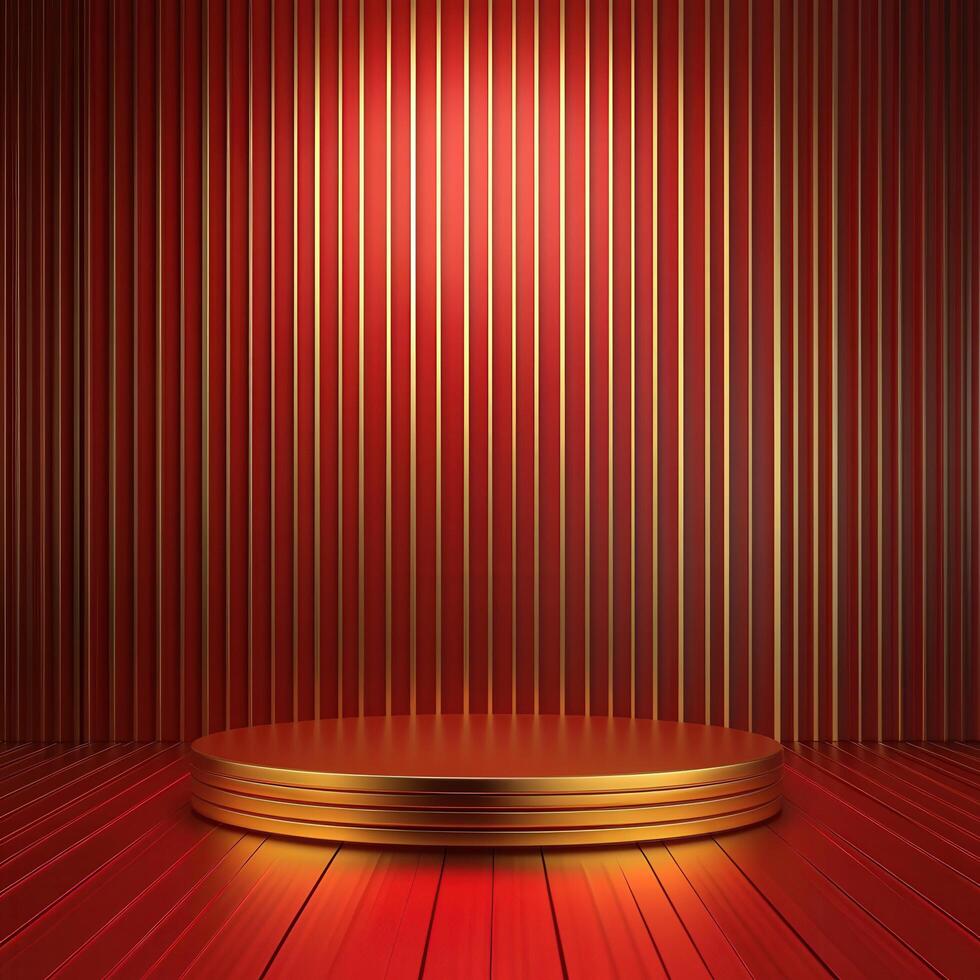 Red podium with gold background in a room with red walls photo