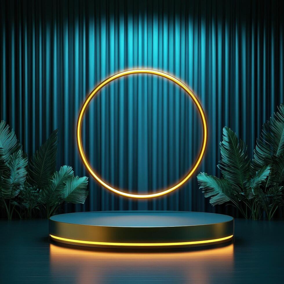 3d rendering of a neon ring on a stage with plants photo