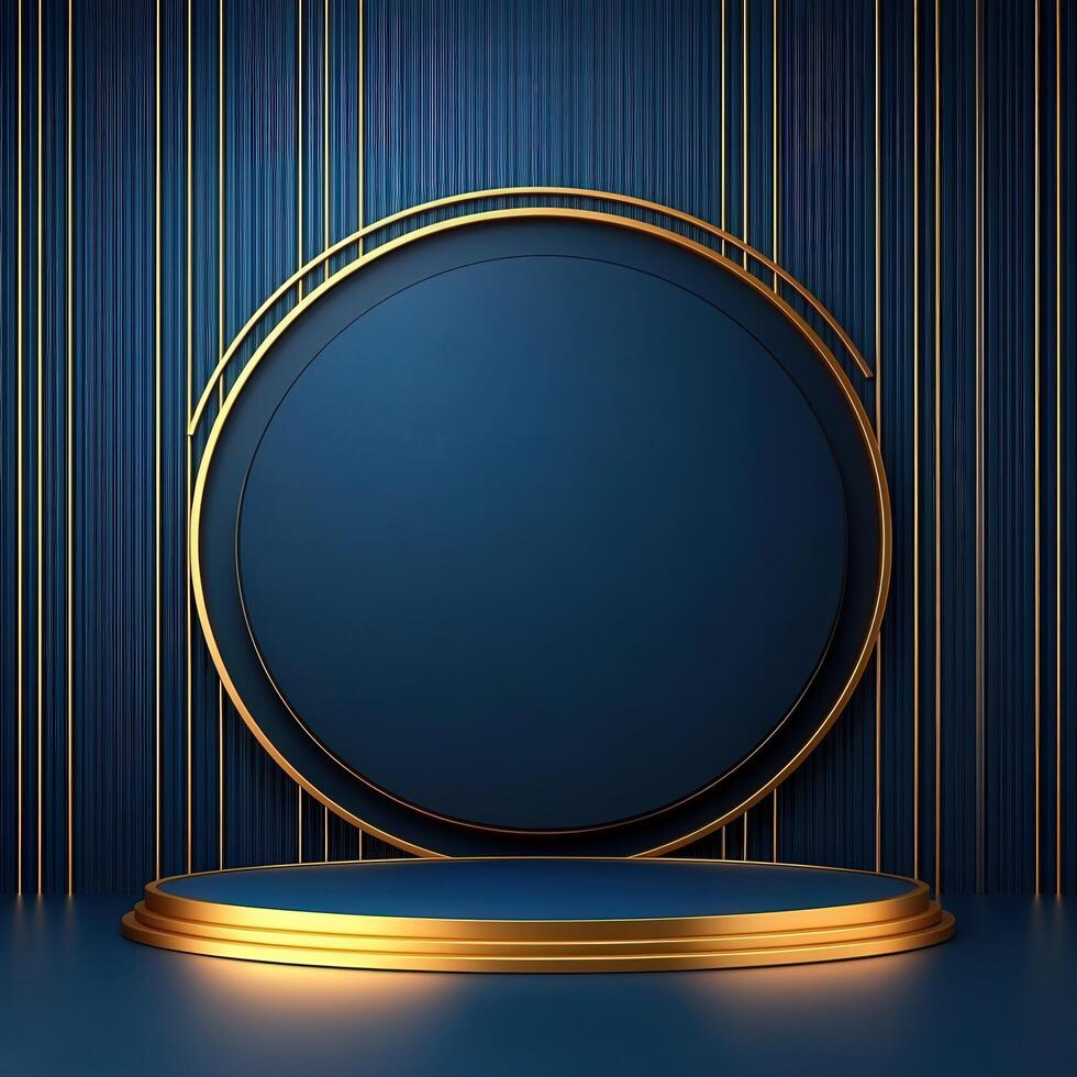 Golden podium with blue background and a round frame photo