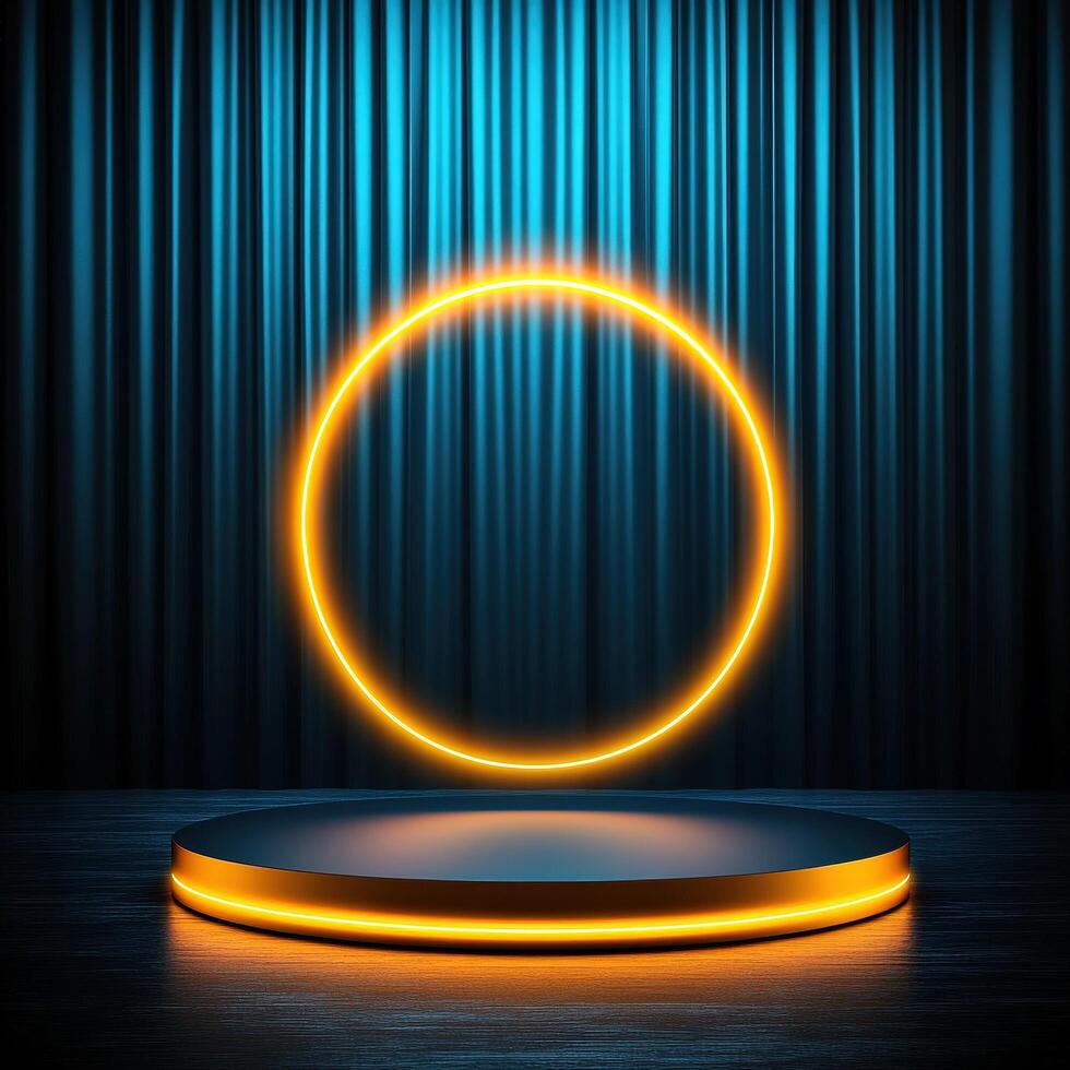 A neon ring on a stage with a curtain photo
