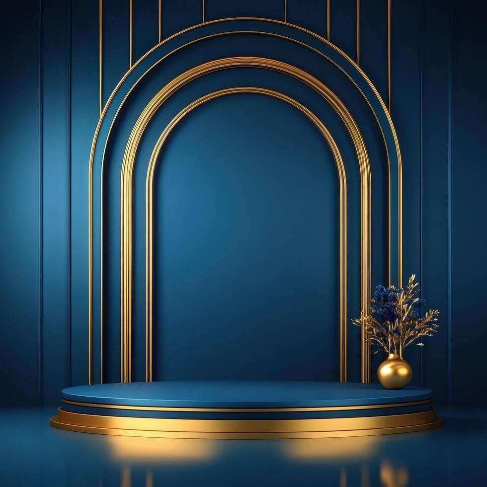 An empty stage with a gold arch and blue walls photo