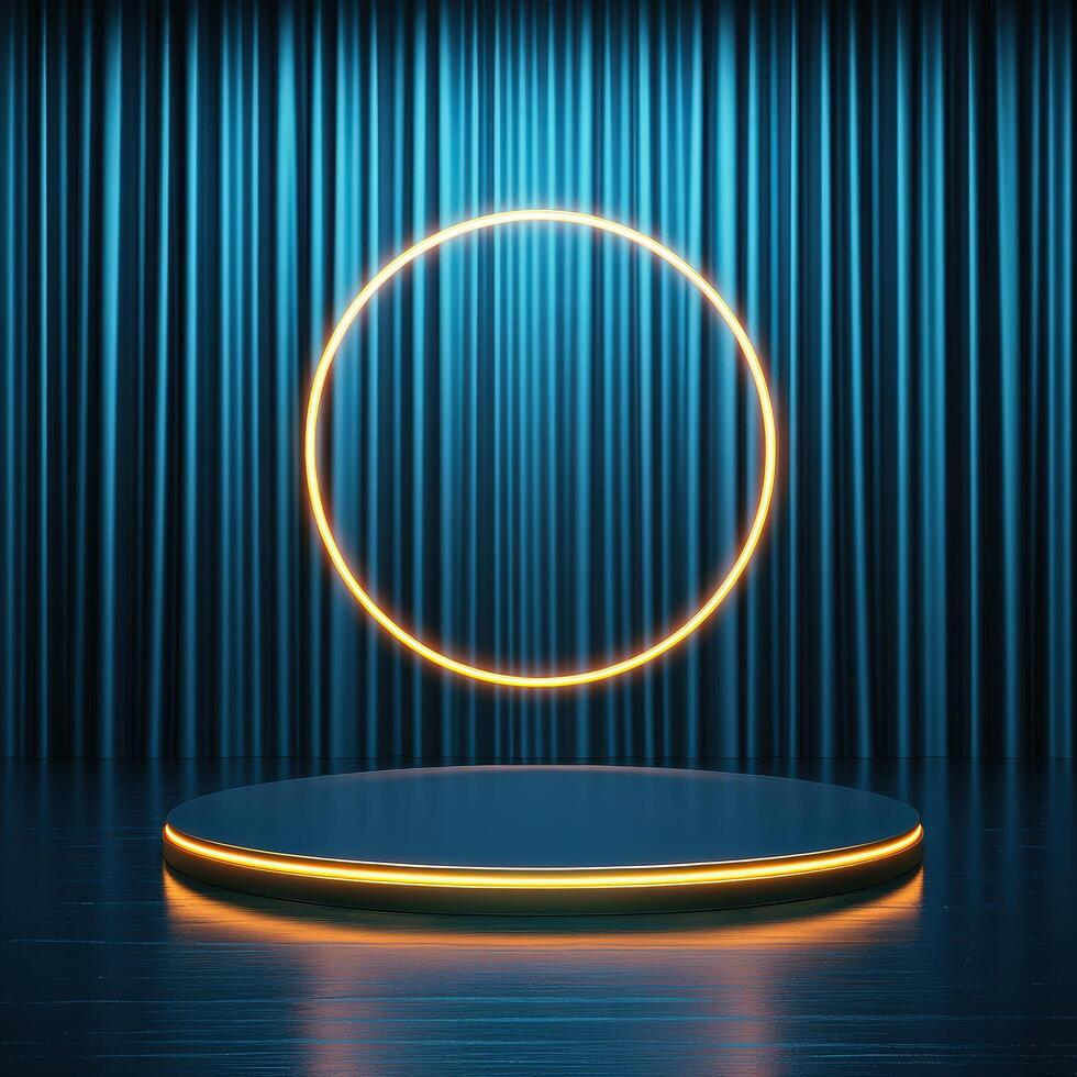 An empty stage with a neon circle on it photo