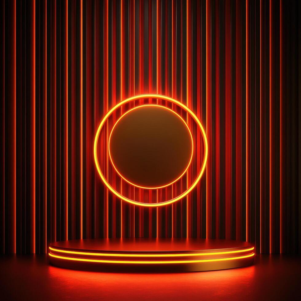 Neon lights on a stage with a round circle photo