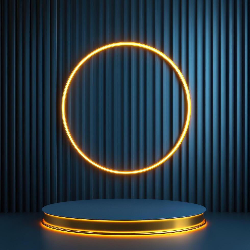 3d rendering of a neon circle on a podium photo