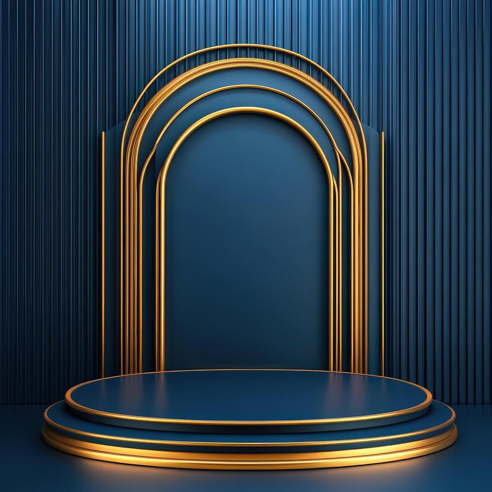 An empty stage with a golden arch photo