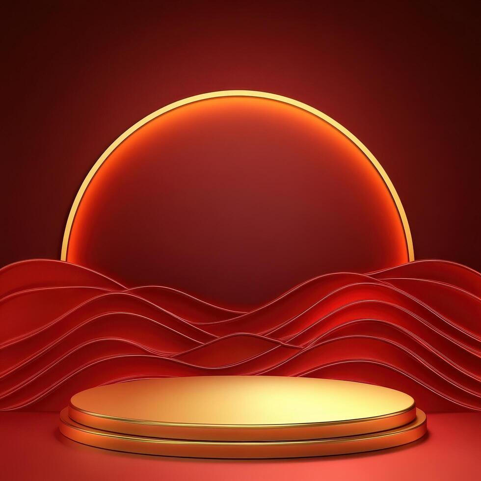 Red and gold podium with a sunset in the background photo