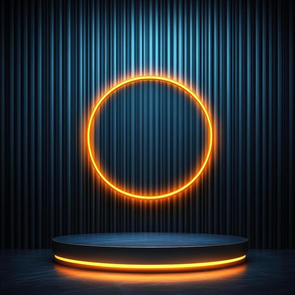An empty podium with neon lights on it photo