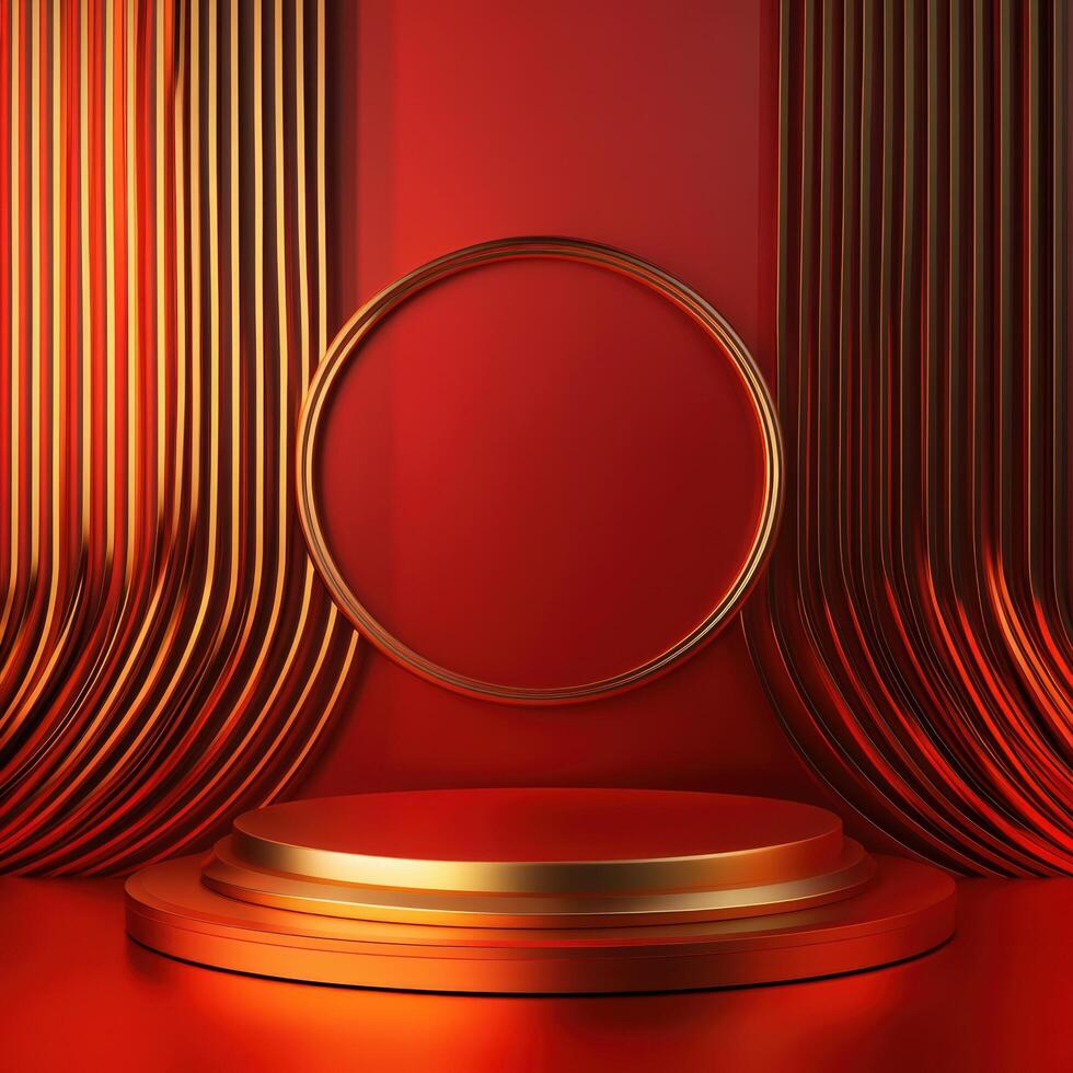 Red background with a podium and a round circle photo