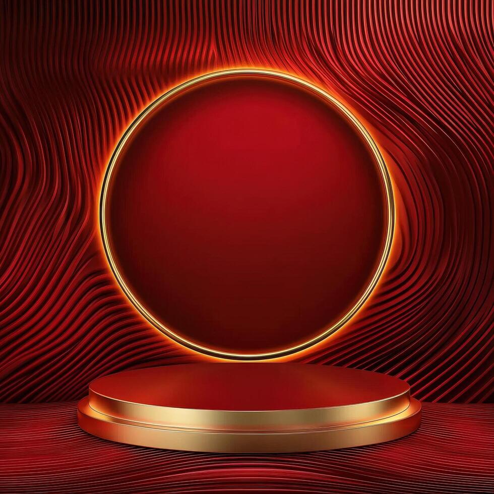Red round podium with gold frame on red background photo