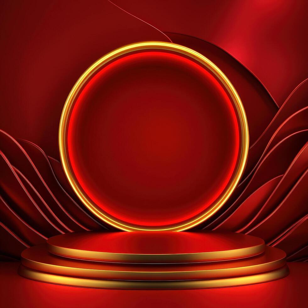 Red background with a podium and a red circle photo